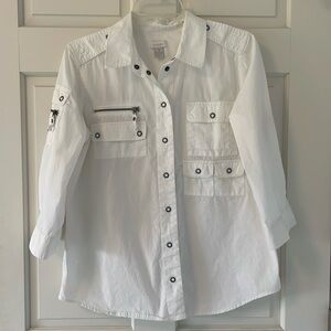 Chico's White 3/4 Rollup Sleeve Top w/snap Closures.